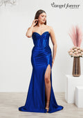 Fitted satin prom dress with boned beaded bodice, zip back and leg split- Style AF6337