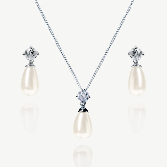 IMPERIAL RHODIUM CRYSTAL PEARL TEARDROP PROM SET